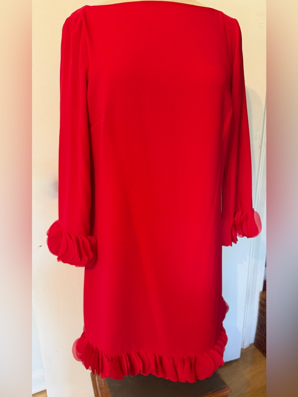 Tahari Bold Red Long Sleeve Shift Dress with Feminine Ruffle